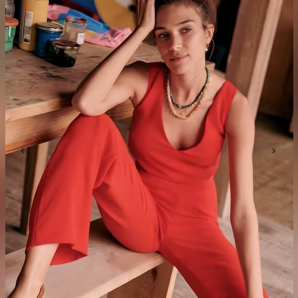 Sezane Vanille Sleeveless V-Neck Jumpsuit | Red Coral | Size 36 | US 4 - Picture 2 of 16
